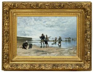 Fiskare Och Musselplockerskor Pa Stranden I Bretagne by August Vilhelm Nikolaus Hagborg