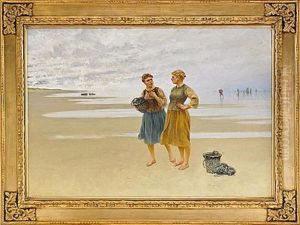 Musselplockerskor Pa Stranden by August Vilhelm Nikolaus Hagborg