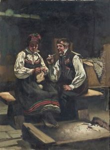 Allmogeinterior Med Par I Folkdrakt Allmogeinterior Med Par I Folkdrakt