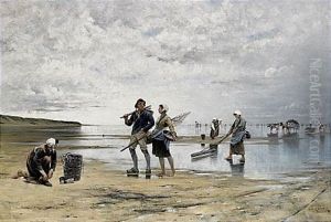 Fiskare Och Musselplockerska Pa Stranden I Bretagne by August Vilhelm Nikolaus Hagborg