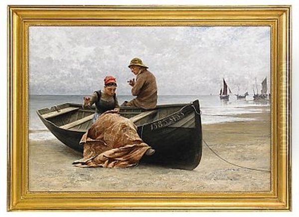 Fiskare Och Flicka Pa Stranden I Bretagne - view 1