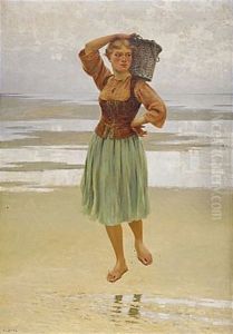 Ostronplockerska Pa Stranden by August Vilhelm Nikolaus Hagborg