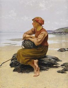 Sittande Ostronplockerska Pa Stranden Sittande Ostronplockerska Pa Stranden