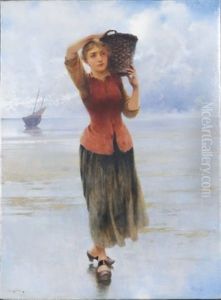 Fisherwoman On The Beach by August Vilhelm Nikolaus Hagborg