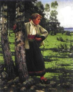Sommarlandskap Med Ung Kvinna I Folkdrakt by August Vilhelm Nikolaus Hagborg