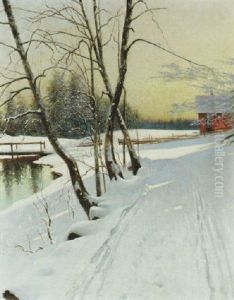 Solbelyst Vinterlandskap by August Vilhelm Nikolaus Hagborg
