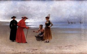 Musselplockerskor Med Kardinal Pa Strand by August Vilhelm Nikolaus Hagborg
