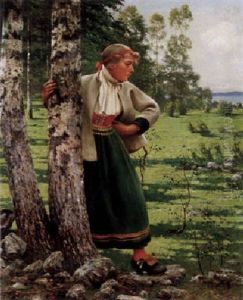 Kvinna I Folkdrakt Vid Trad by August Vilhelm Nikolaus Hagborg