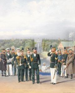 Officers And Men Standing By The Waterfalls Of The Neptune Fountain At Peterhof by Piotr Ivanovich Balashov