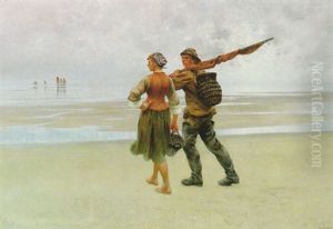 Strandbild Med Fiskarpar by August Vilhelm Nikolaus Hagborg