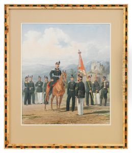 Officers And Men Standing By A Ruin In The Caucasus by Piotr Ivanovich Balashov