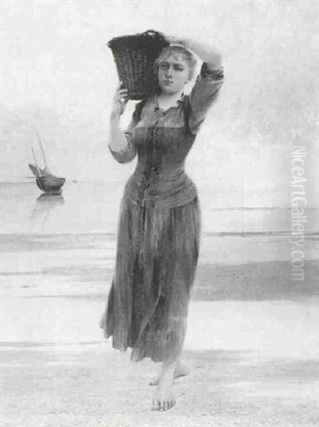 Woman Carrying Basket Along The Shore - view 1
