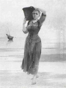 Woman Carrying Basket Along The Shore by August Vilhelm Nikolaus Hagborg