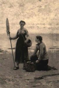 Breton Women On A Beach With A Basket Of Fish by August Vilhelm Nikolaus Hagborg