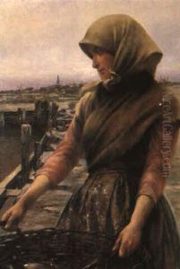 Fiskarflicka Med Korg by August Vilhelm Nikolaus Hagborg