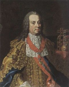 A Portrait Of Franz I Stephan Of Lotharingen, Emperor Of Austria, Wearing The Order Of The Golden Fleece, In Front Of A Table With The Crown Of The Holy Roman Empire by Michael Christoph Emanuel Hagelgans