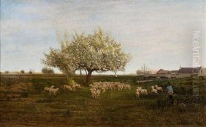 Bergers Et Leur Troupeau Sous Le Pommier by Godefroy de Hagemann