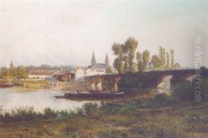 Barges On A River With A Town Beyond by Godefroy de Hagemann
