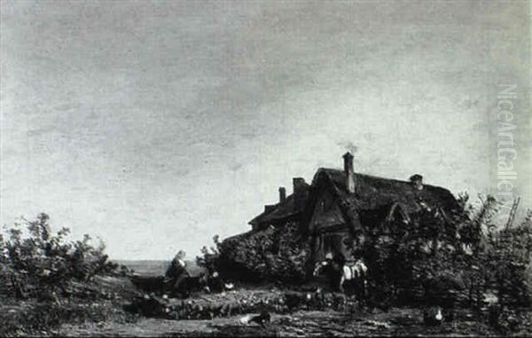 Villagers With Sheep Outside Cottage - view 1