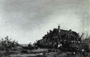 Villagers With Sheep Outside Cottage