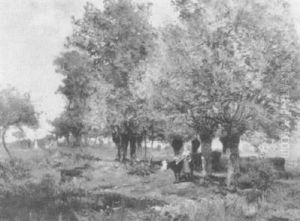 A Drover And Cattle In An Orchard by Godefroy de Hagemann