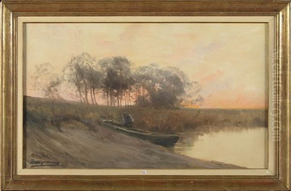 Homme Et Sa Barque Au Bord De L"etang - view 1