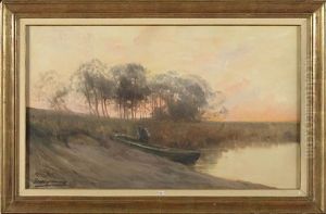 Homme Et Sa Barque Au Bord De L"etang