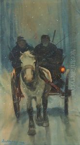 Fiacre Attele Dans Un Paysage Nocturne Enneige by Maurice Hagemans