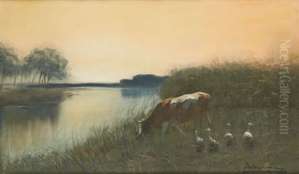 Vache Et Canards Pres De La Mare - view 1