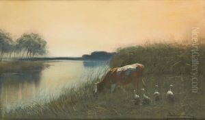 Vache Et Canards Pres De La Mare by Maurice Hagemans