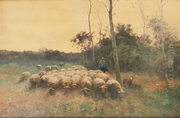 Berger Et Son Troupeau Au Coucher Du Soleil - view 1