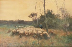 Berger Et Son Troupeau Au Coucher Du Soleil by Maurice Hagemans