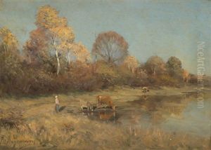 Vachere Et Son Troupeau En Bord D'etang by Maurice Hagemans