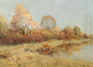 Bergere Et Troupeau Le Long D'un Etang