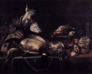 Hunting Still Life With A Duck, A Partridge, A Snipe And Other Birds, On A Wooden Table Partly Draped With A Green Cloth by Dingeman van der Hagen
