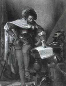 Ein Soldat In Mittelalterlicher Kleidung Beugt Sich Uber    Eine Landkarte by Eduard van Hagen
