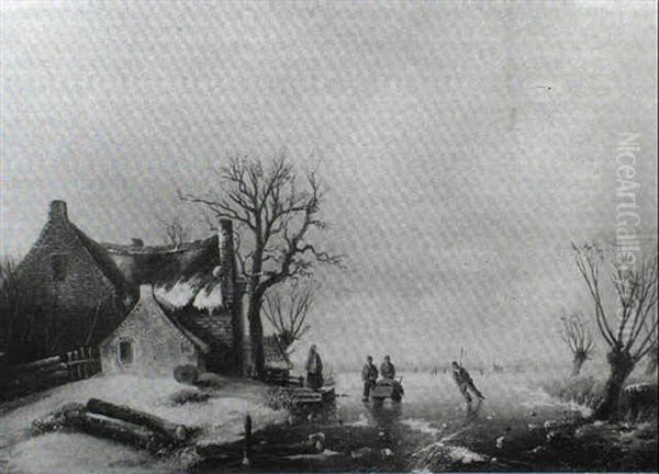 Skaters On A Frozen River Before A Cottage - view 1