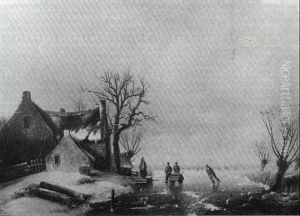 Skaters On A Frozen River Before A Cottage by Jacob Ten Hagen
