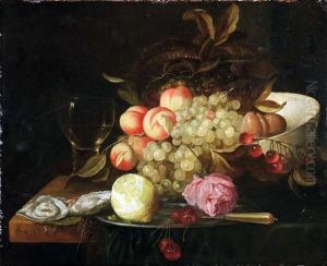 Stilleben Mit Romer, Austern, Einer Halb Geschalten Zitrone Und Einer Rose Auf Einem Zinnteller, Weintrauben, Pfirsichen, Pflaumen Und Kirschen In Einer Schale Auf Einem Tisch Mit Gruner Samtdecke Stilleben Mit Romer, Austern, Einer Halb Geschalten Zitrone Und Einer Rose Auf Einem Zinnteller, Weintrauben, Pfirsichen, Pflaumen Und Kirschen In Einer Schale Auf Einem Tisch Mit Gruner Samtdecke