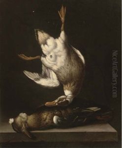 A Dead Duck Suspended From A Nail With A Fly Above A Duck On A Stone Ledge