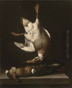A Dead Duck Suspended From A Nail With A Fly, Above A Duck On A Stone Ledge