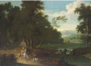 An Extensive Wooded River Landscape With A Hawking Party On A Track