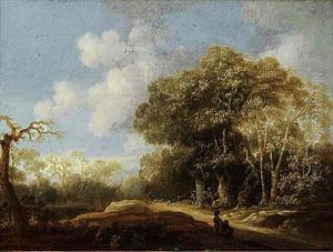 A Wooded Landscape With A Stag Hunt by Jacobus van der Hagen