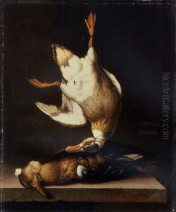 A Dead Duck Suspended From A Nail With A Fly Above A Duck On A Stone Table Ledge