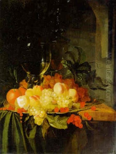 A Roemer, A Covered Glass And Fruit On A Plate On A Draped Table - view 1