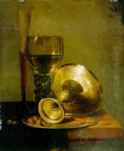 A Roemer, Tall Wineglass, An Overturned Silver Tazza, On A Draped Table by Jacobus van der Hagen