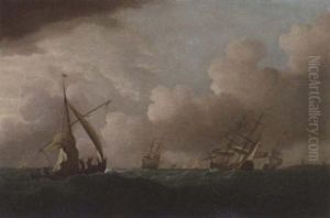 English Men-o'war And Other Shipping In A Swell Off Flushing by Johan (J. C.) van der Hagen