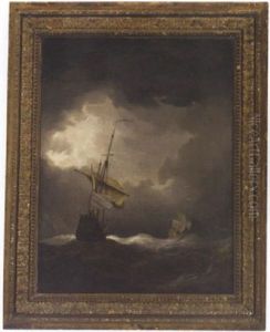 French And British Men-o'war In A Swell After Dark