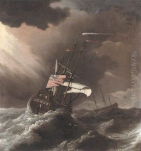 A British Man Of War In Heavy Seas by Johan (J. C.) van der Hagen