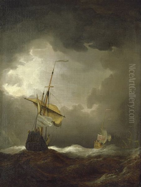 Franzosisches Und Englisches Segelschiff In Schwerer See - view 1